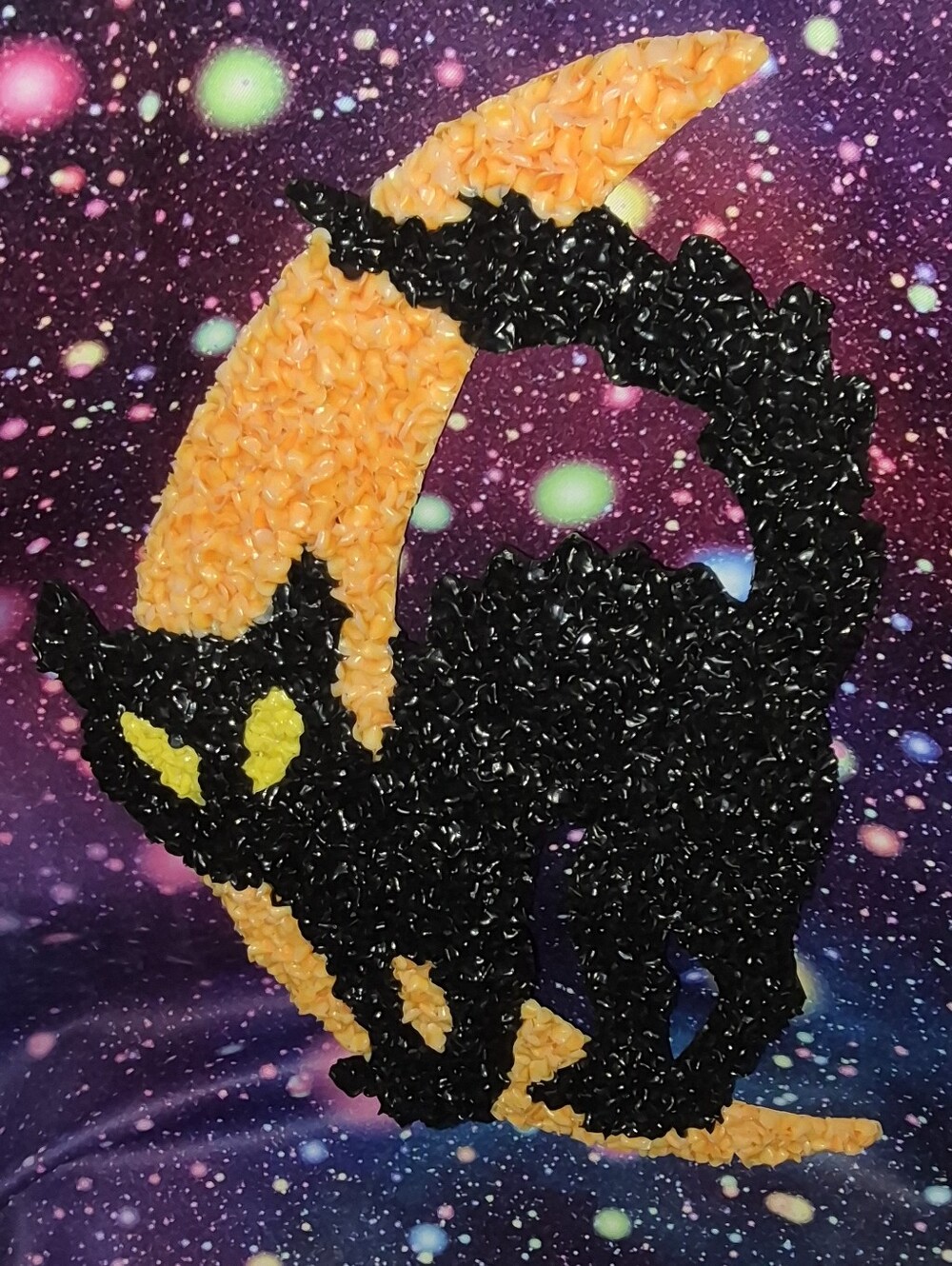 VTG Halloween Melted Plastic Popcorn Black Cat On Moon Window Decoration MCM 🎃